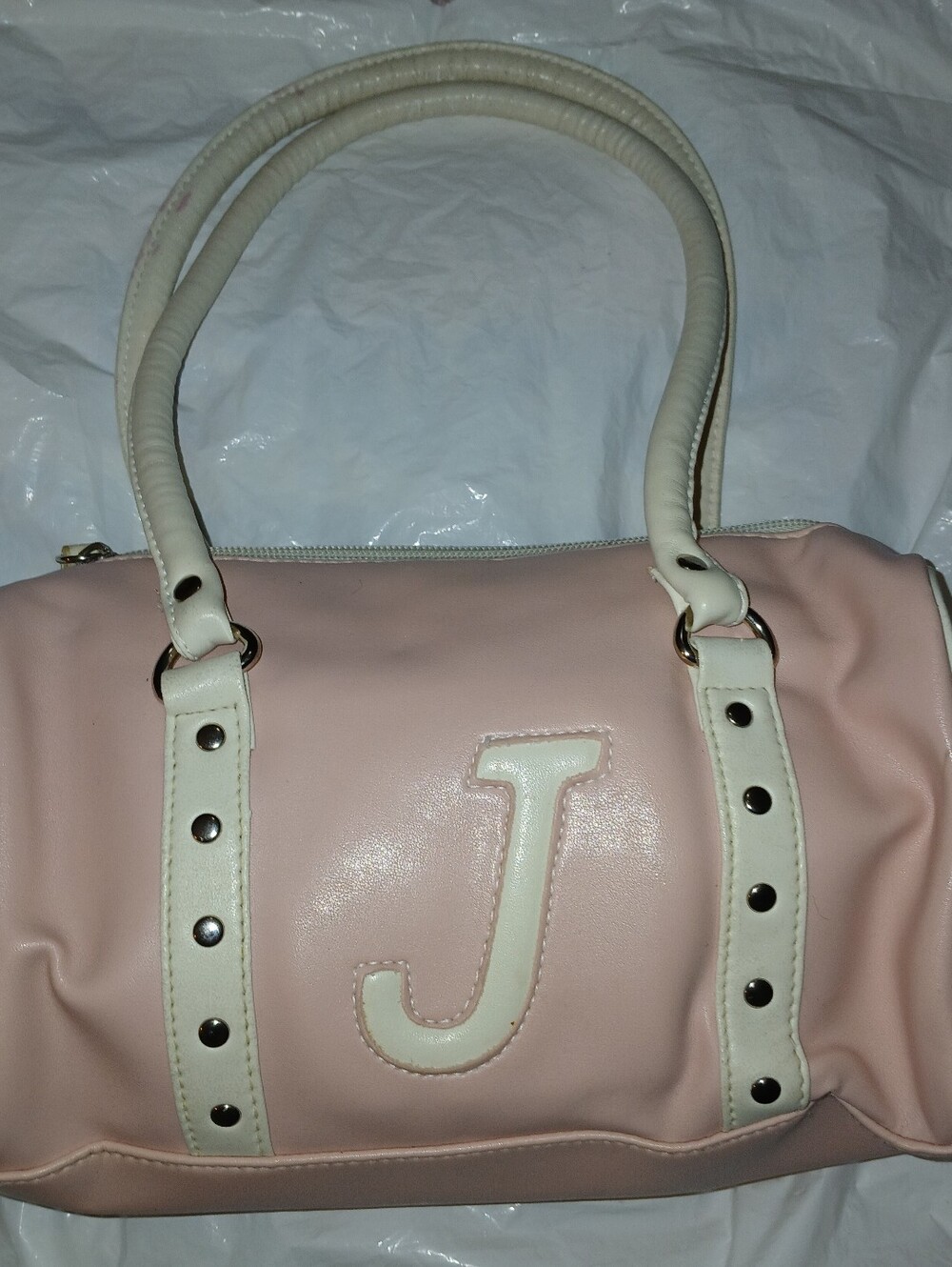 Pre-loved Pink Satchel Handbag with White Trim - J Initial.
